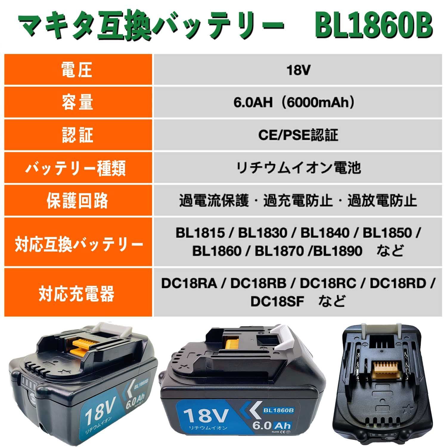 3ヶ月保証】マキタ 18V BL1860B 2個セット 大容量 6.0Ah 互換 バッテリー makita 残量表示付き PSEマーク取得商品 【2個セット】  - メルカリ