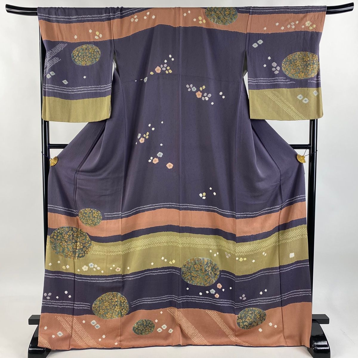 訪問着 身丈170cm 裄丈69cm L 袷 草花 絞り 金彩 紫 正絹 秀品