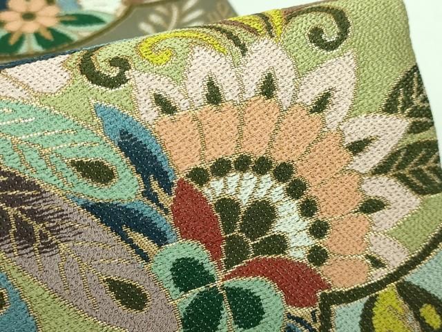 平和屋着物□極上 西陣 白綾苑大庭 六通柄袋帯 孔雀更紗花文 金糸 逸品  