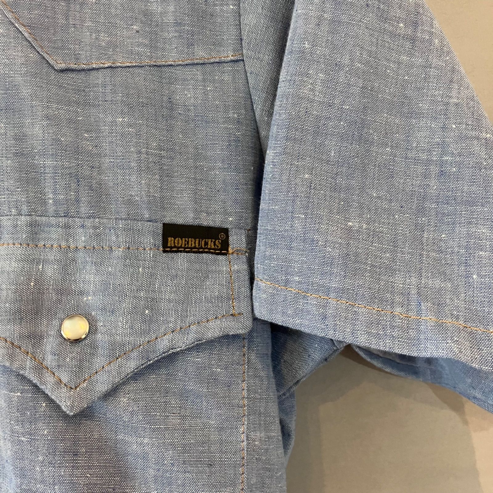 70's Sears シアーズ 黒タグ 半袖 ウエスタンシャツ S/S シャンブレーシャツ ライトブルー メンズ Sサイズ14-14 1/2