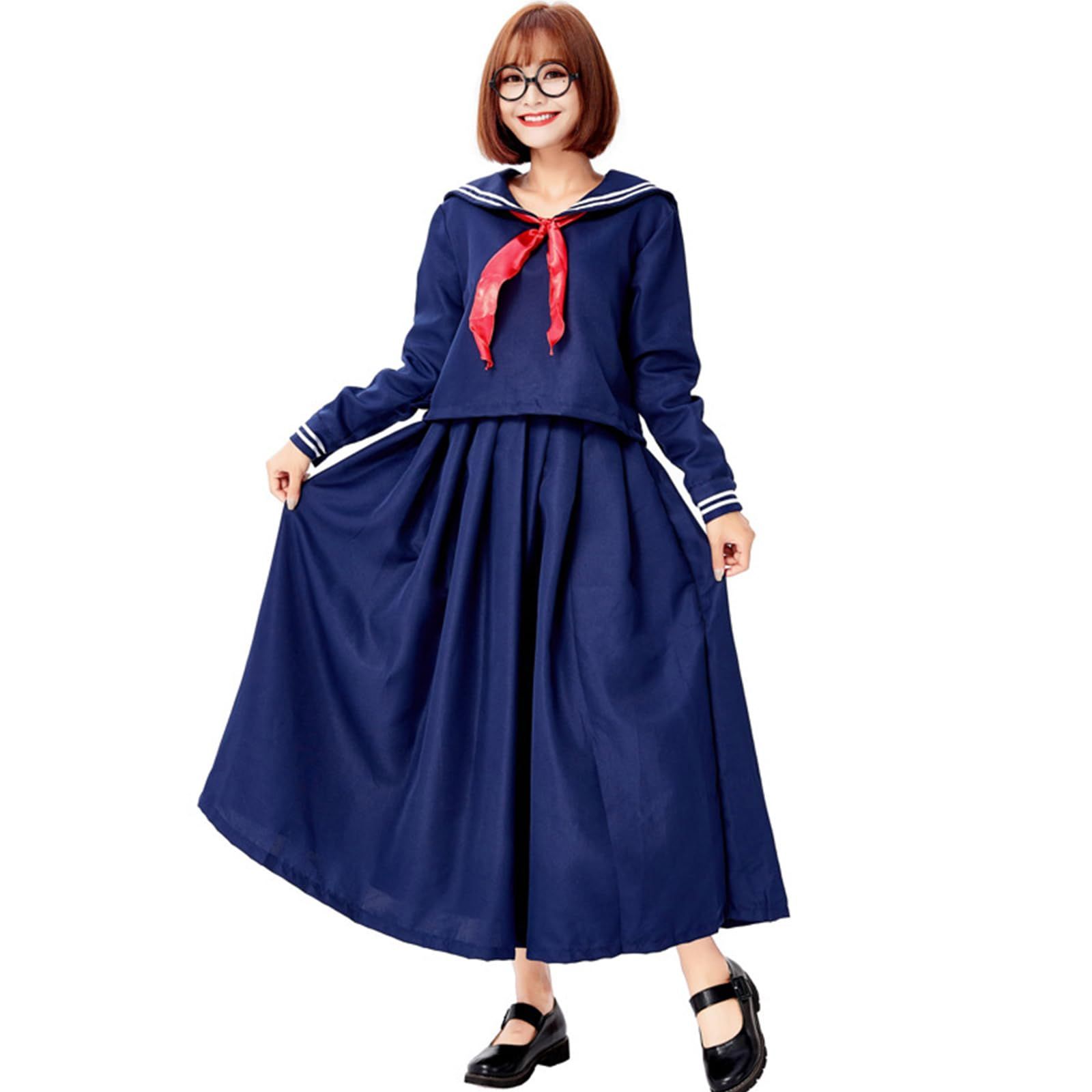 特別価格　学生服 レディース ロングセーラー 女子高生 3点セット 制服 コスプレ衣装 コスチューム JK ネイビー 長袖 紺色 ロングスカート 大きいサイズ セーラー服 文化祭 ハロウィン 学園祭 [DECEED]