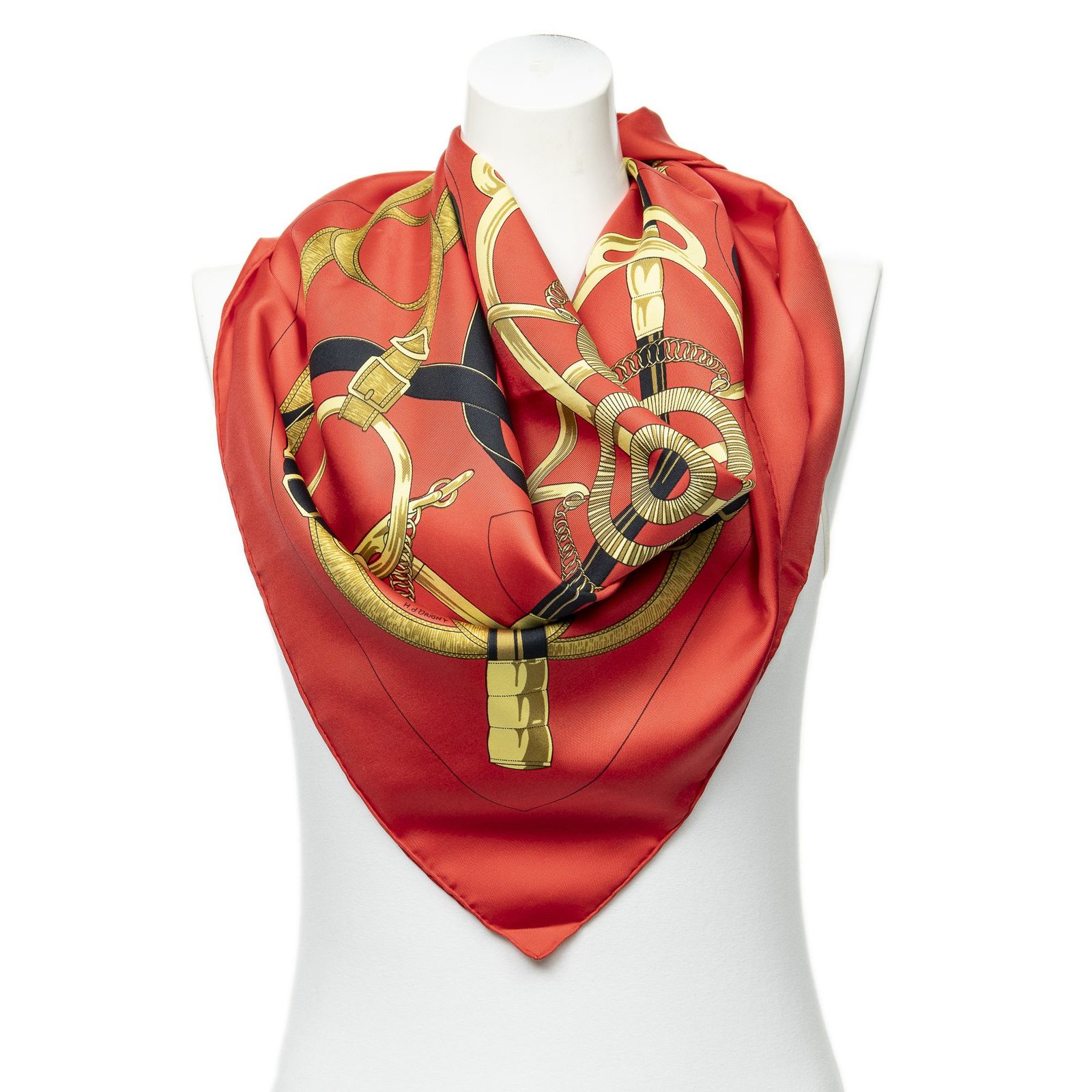 HERMES シルク スカーフ 黒 金 本物 赤 カレ 90 《エルメス・フラッグ