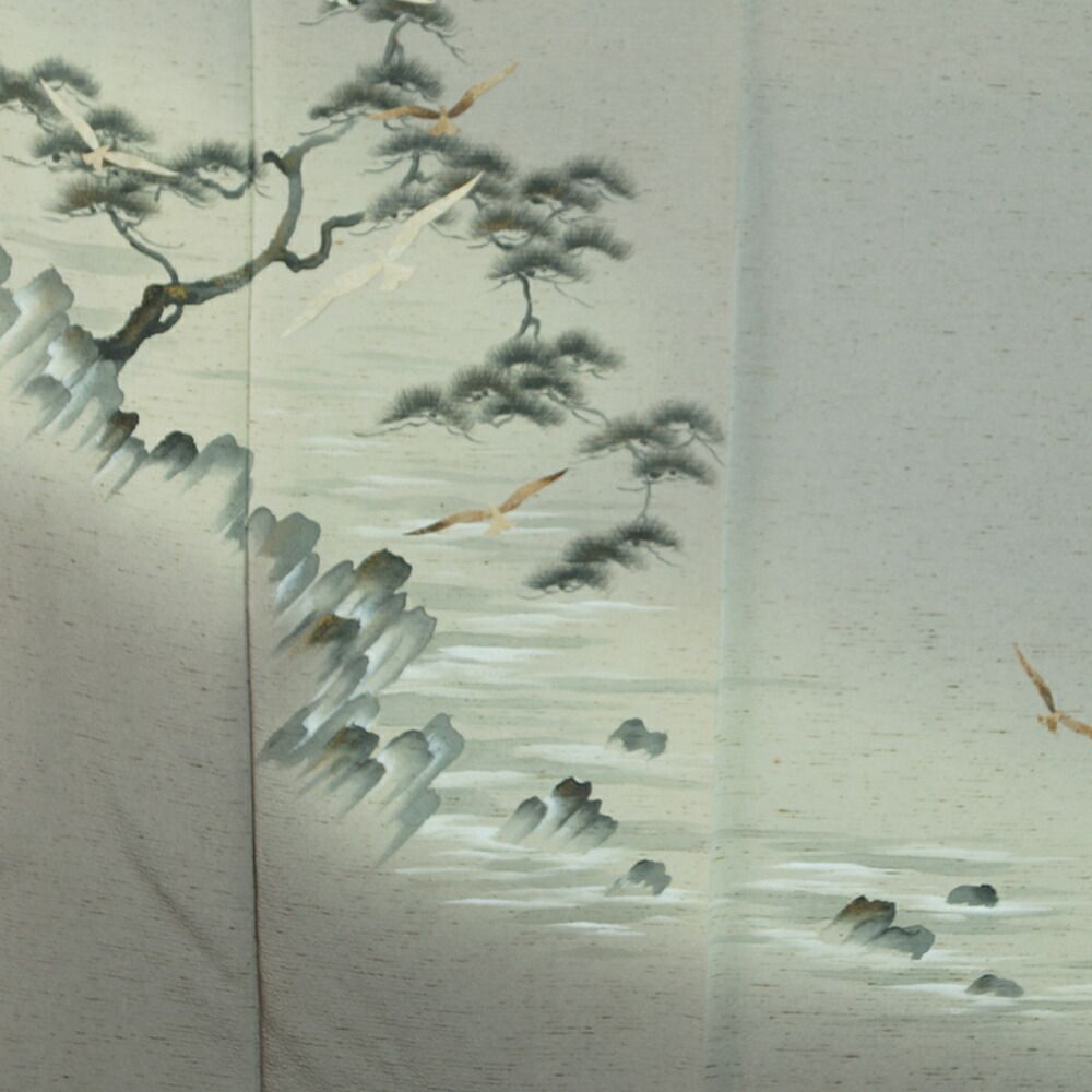 洒落訪問着 蓑虫工芸作家 田尾笛秋 ぜんまい紬 浜辺に海鳥模様 【 中古】【みのむし 作家物 落款有り 紬の訪問着 紬 リサイクル着物 仕立て上がり 正絹 訪問着 購入 販売 きもの天陽】