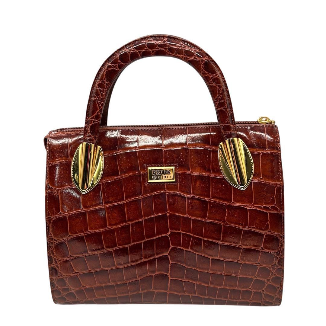 良品 1132 ジャンフランコフィレ ハンドバッグ 2way クロコ型押し 茶  