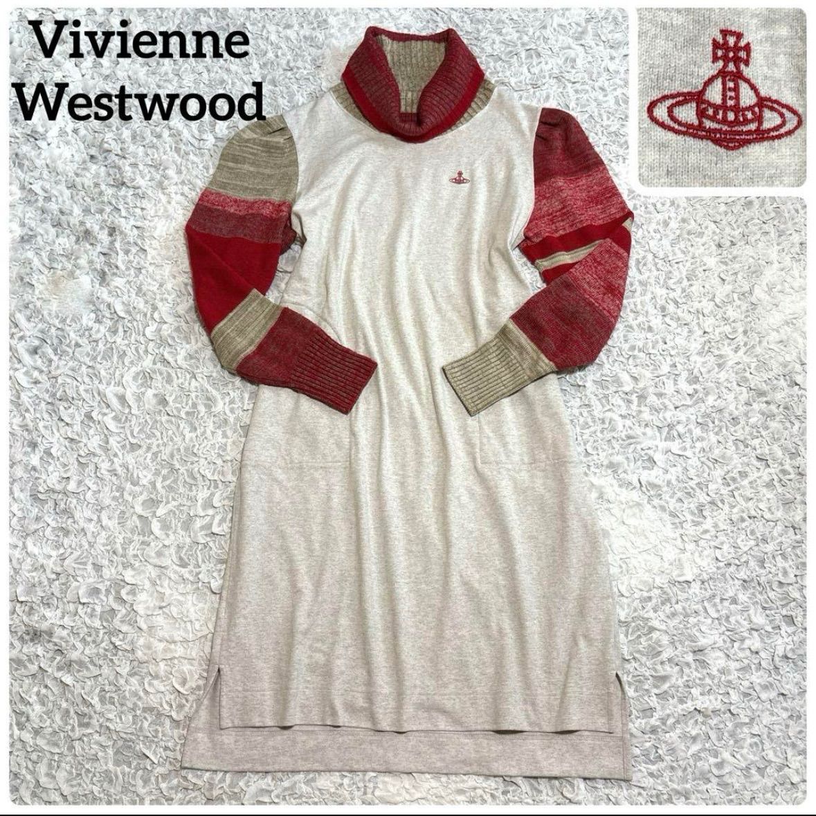 Vivienne Westwood RED LABEL ヴィヴィアンウエストウッド 3.9万円 オーブ 刺繍 アシメ タートルネック ニット ワンピース 袖山ギャザー レッド ドッキング 異素材 ボリュームネック ＊フォロー割対象品 5%offさせて頂きます