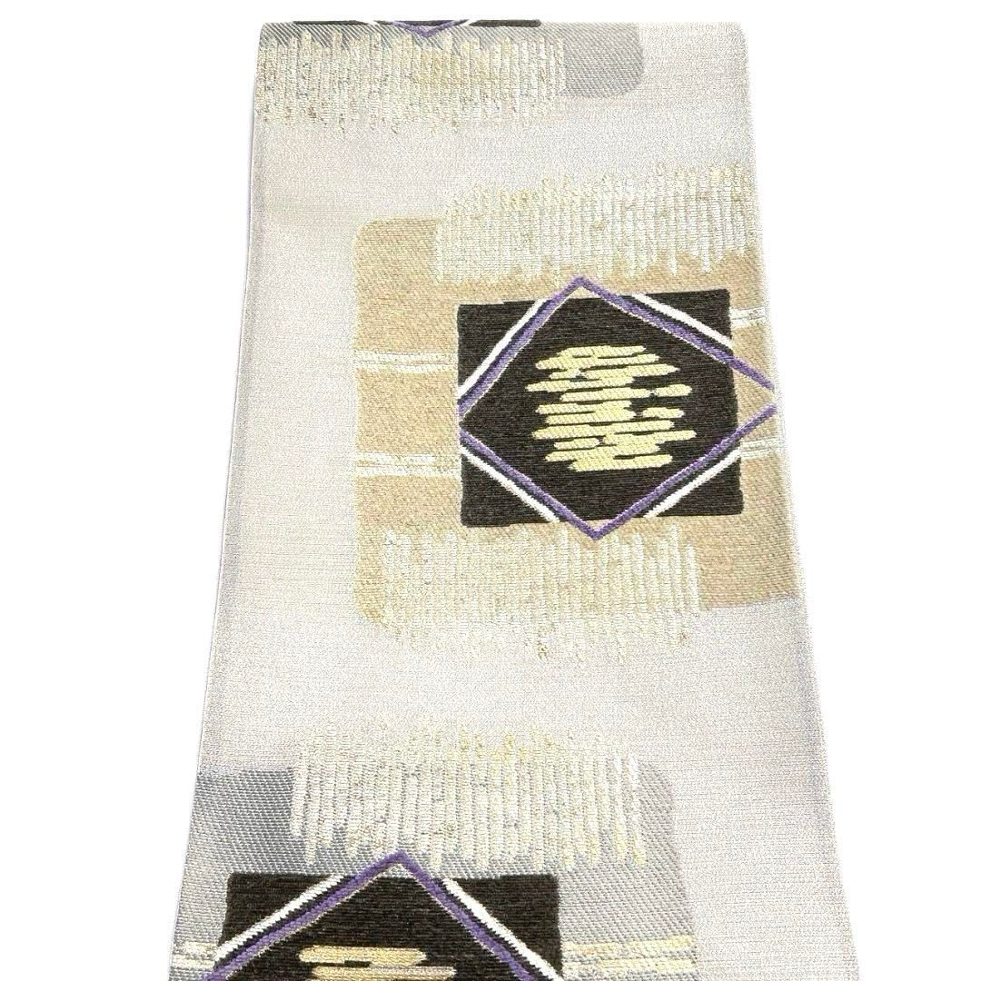 袋帯　格子模様　花菱　モール　金糸　銀糸　着物　084a p 袋帯 綴織 モール 菱模様 色紙模様 幾何学 金糸 着物 103b p