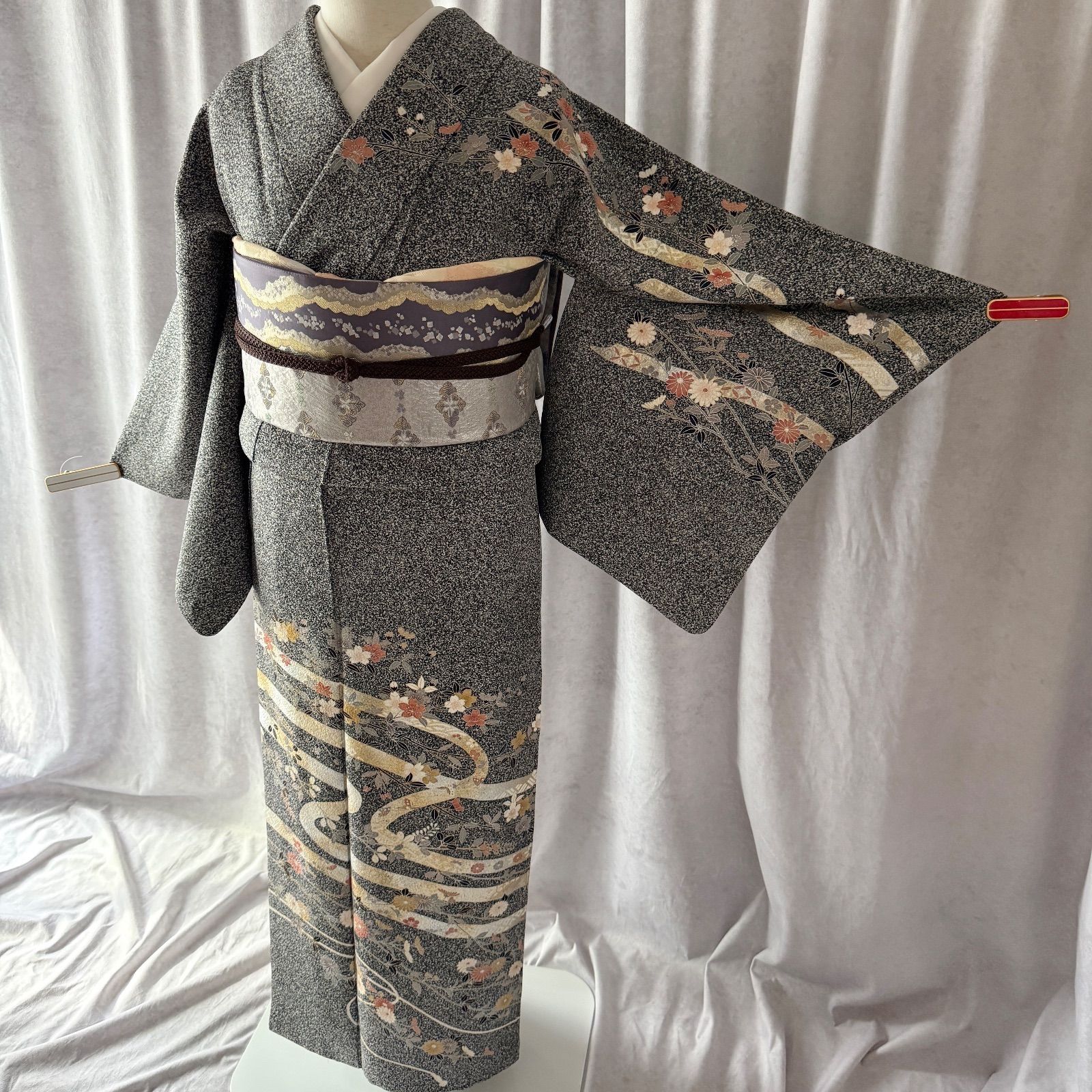 流行 訪問着 正絹 たたき染め 金彩 160 64 モノトーン お食事会 お出かけ パーティ