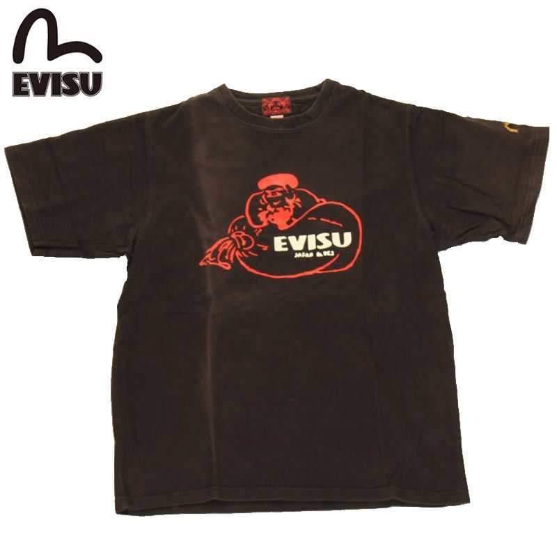 訳あり EVISU エヴィス カモメ EVISUJEANS USED Ｔシャツ 半袖 プリント 刺繍 ブラック 限定 古着 ユーズド カモメ カモメマーク 戎 エビス 普段着 仕事着 プリントTシャツ EVISUタグ シンプル 男女兼