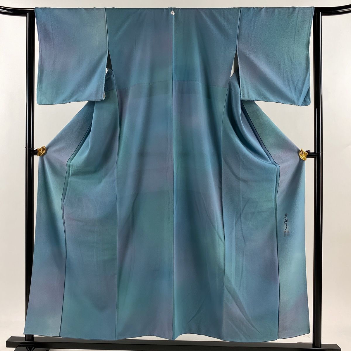 小紋 身丈155cm 裄丈63cm S 袷 斉藤三才 落款 ぼかし柄 縮緬 青灰色 正絹 秀品 一つ紋