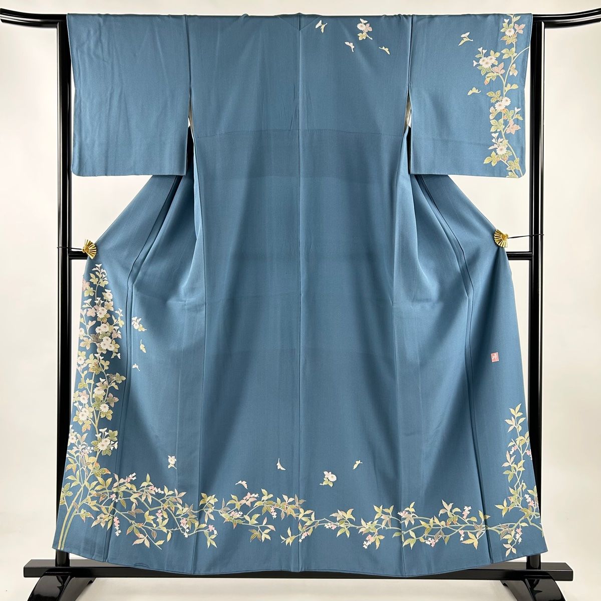 訪問着 身丈156cm 裄丈63cm S 袷 落款 枝花 青灰色 正絹 名品