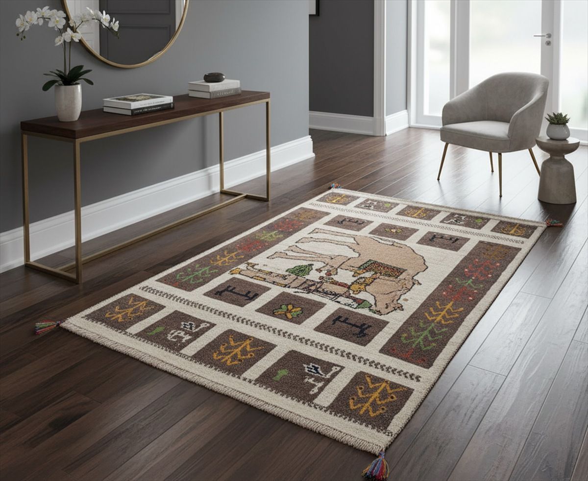 ペルシャ ギャッベ アマレバフト ラグ 128x82㎝ キリムをのせたラクダとカシュガイ族 RJ12417