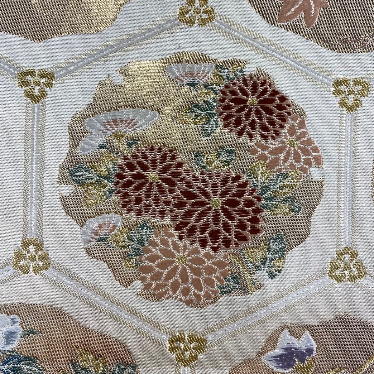 袋帯 秀品 草花 霞 金糸 箔 ベージュ 六通 正絹