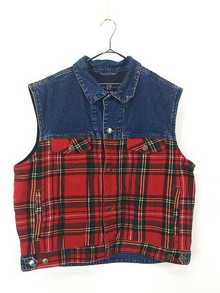 古着 90s GAP タータン チェック ブランケット × ブルー デニム パデッド ノースリーブ トラッカー ジャケット ベスト XL 