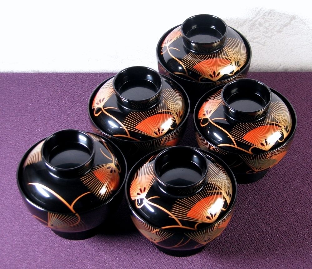 輪島塗 景芳作 扇・松葉文吸物椀5客 木製 幅：11cm 共箱・共布