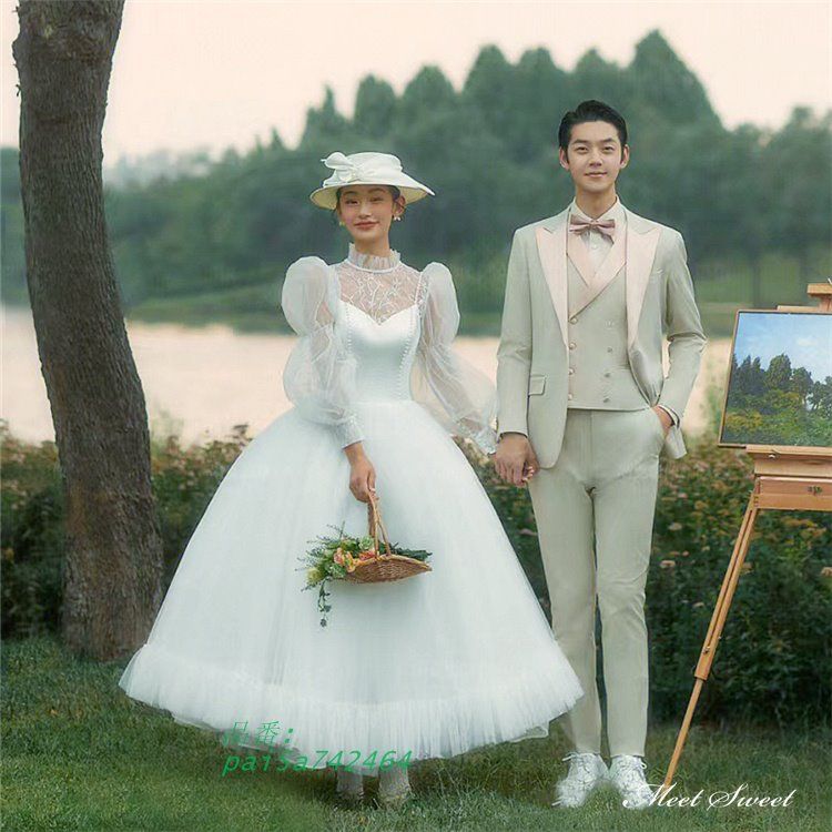 ウェディングドレス ロングドレス プリンセスドレス チュール 長袖 パフスリーブ 二次会 ハイネック 結婚式 前撮り ウエディングドレス ブライダル 花嫁 pai5a742464