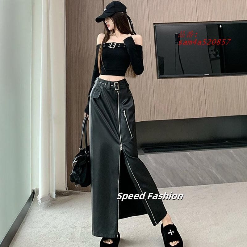 ハイウエスト スリム レザースカート レディース ロングスカート ファスナーフェイクレザースカート シンプル am4a520857