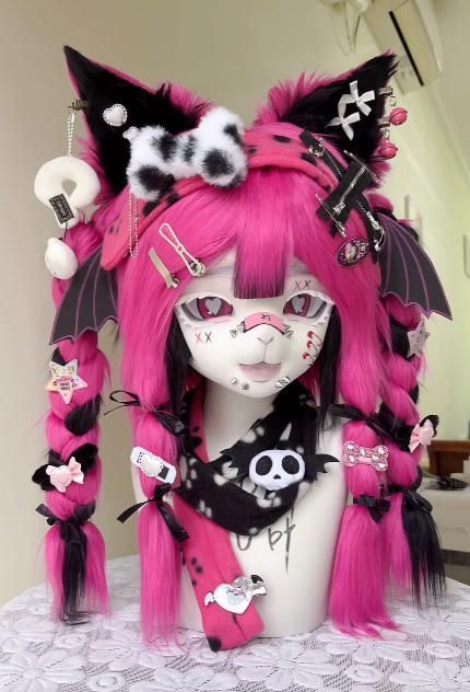 着ぐるみヘッド kigurumi NO.143 猫 ピンク ブラック ファー