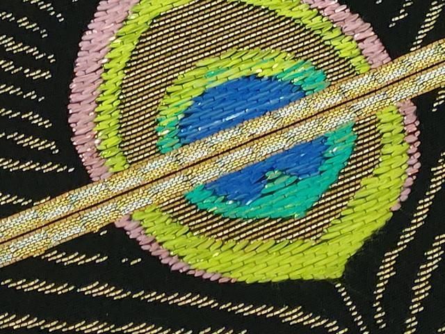 平和屋本店□極上 龍村美術織物 龍村製 九寸名古屋帯 孔雀連文 黒地 金