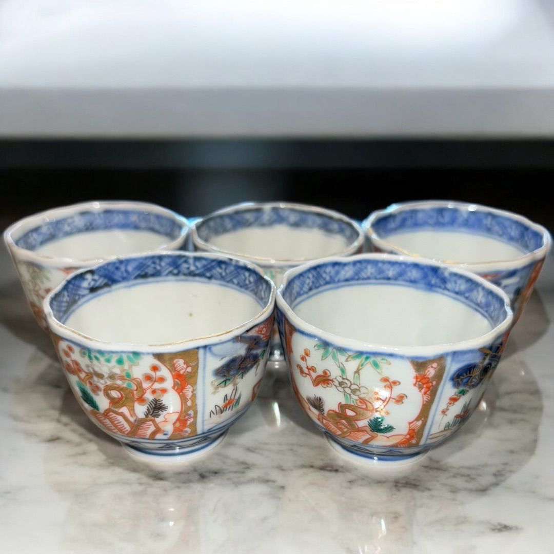 蕎麦猪口■伊万里 色絵 桐 鶴 菊 牡丹 5客セット 湯飲 骨董■ 蕎麦猪口・湯呑み｜アンティーク伊万里・九谷など色絵や染付の和