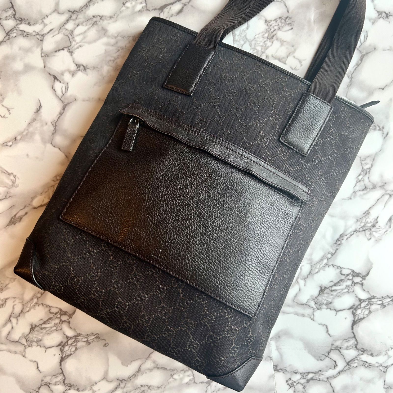 【極美品　正規品】　グッチ　トートバッグ　ダークブラウン 極美品】GUCCI トートバッグ GG キャンバス レザー ダーク