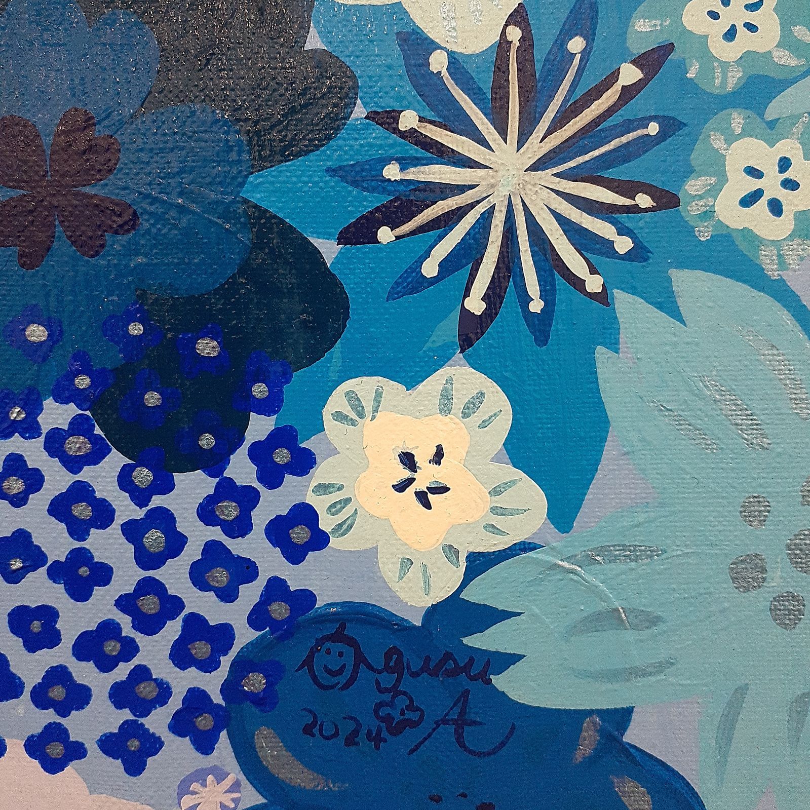 青い花だらけの作品 アクリル画 大きめキャンバスF20号画家小楠アキコ