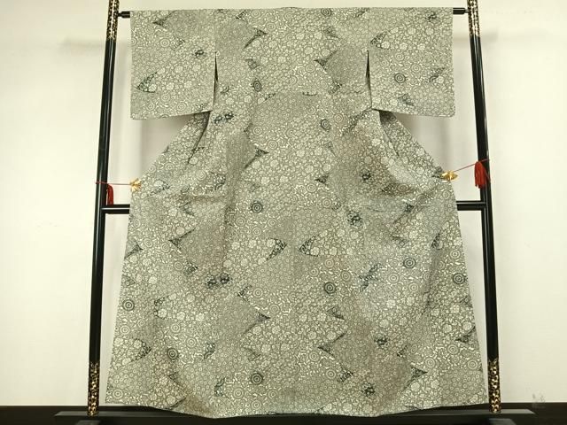 平和屋着物 上質な紬 単衣 型染め 切嵌花文 正絹 AABB2225fy