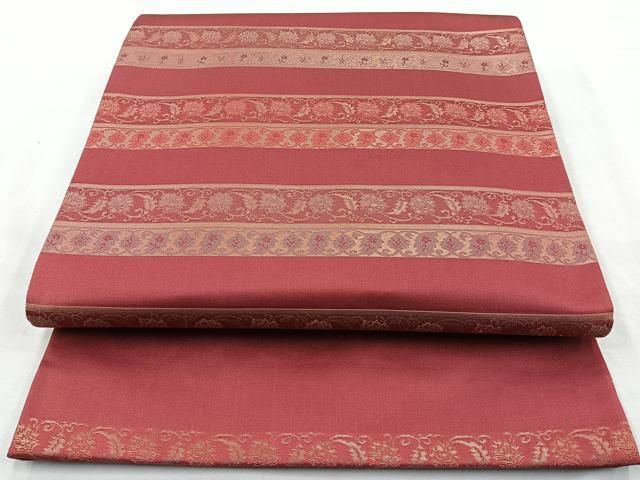 平和屋着物◎六通太鼓柄袋帯　横段更紗花文　金糸　正絹　逸品　BAAM6657cm