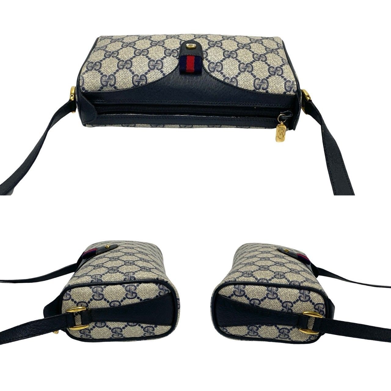 極 美品 GUCCI グッチ オールドグッチ ヴィンテージ シェリーライン GG ロゴ 金具 レザー ショルダーバッグ ポシェット ネイビー 33629