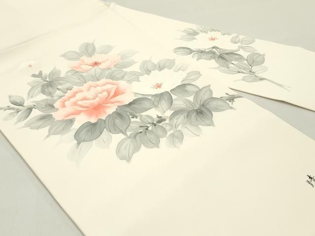 平和屋着物●塩瀬 九寸名古屋帯 作家者 手描き 草花文 象牙色 正絹 DAAY0193ob