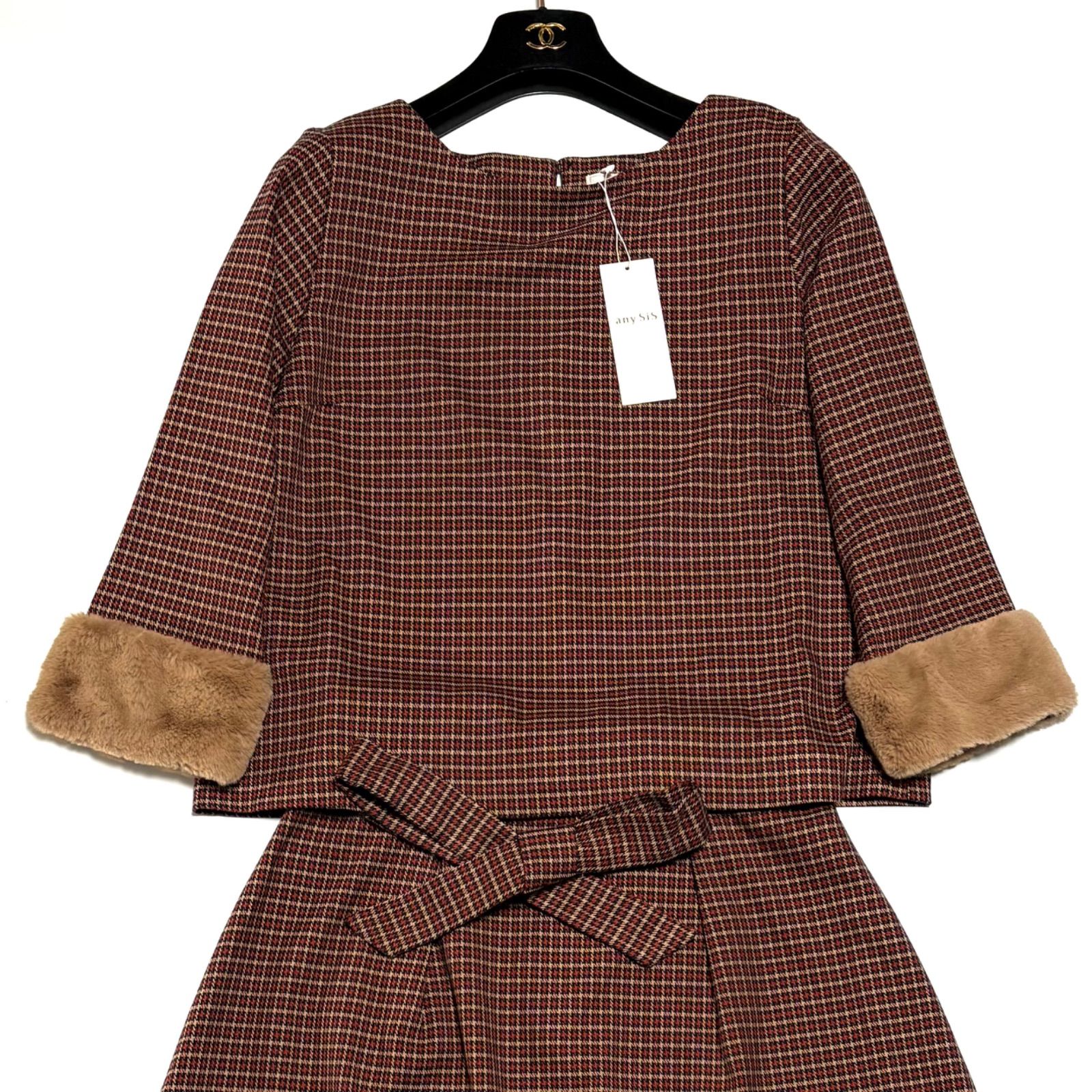 タグ付き オンワード樫山 any SIS チェック柄 カジュアル 上下セットアップ おしゃれ着 Lサイズ 赤 レッド