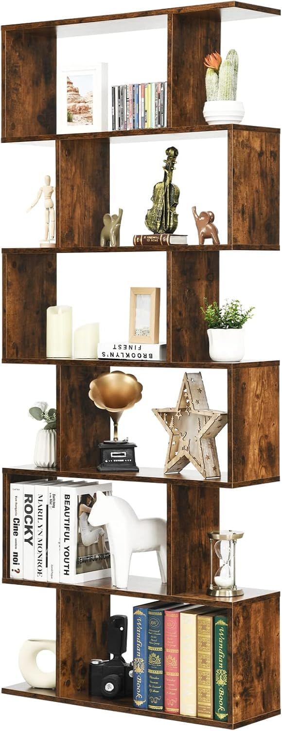 COSTWAY オープンシェルフ オープンラック 木製 6段 本棚 おしゃれ S字 幅80x奥行23x高さ192cm 飾り棚 漫画棚 ディスプレイラック ブックシェルフ 転倒防止 耐荷重120kg 大容量 シンプル リビング 玄関 ベッドルーム オフィス