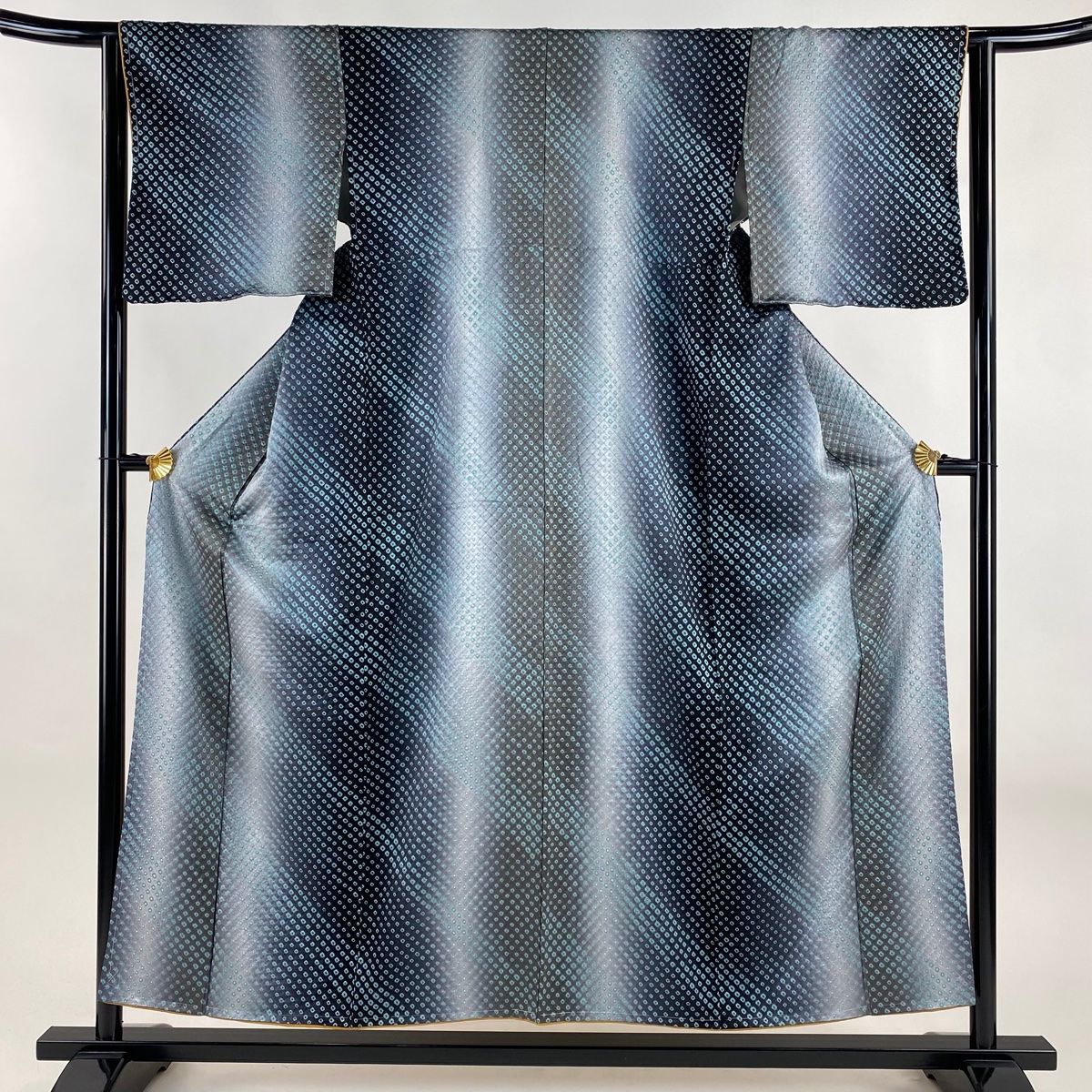 小紋 身丈154cm 裄丈62.5cm S 袷 幾何学 絞り ぼかし 黒灰 正絹 秀品