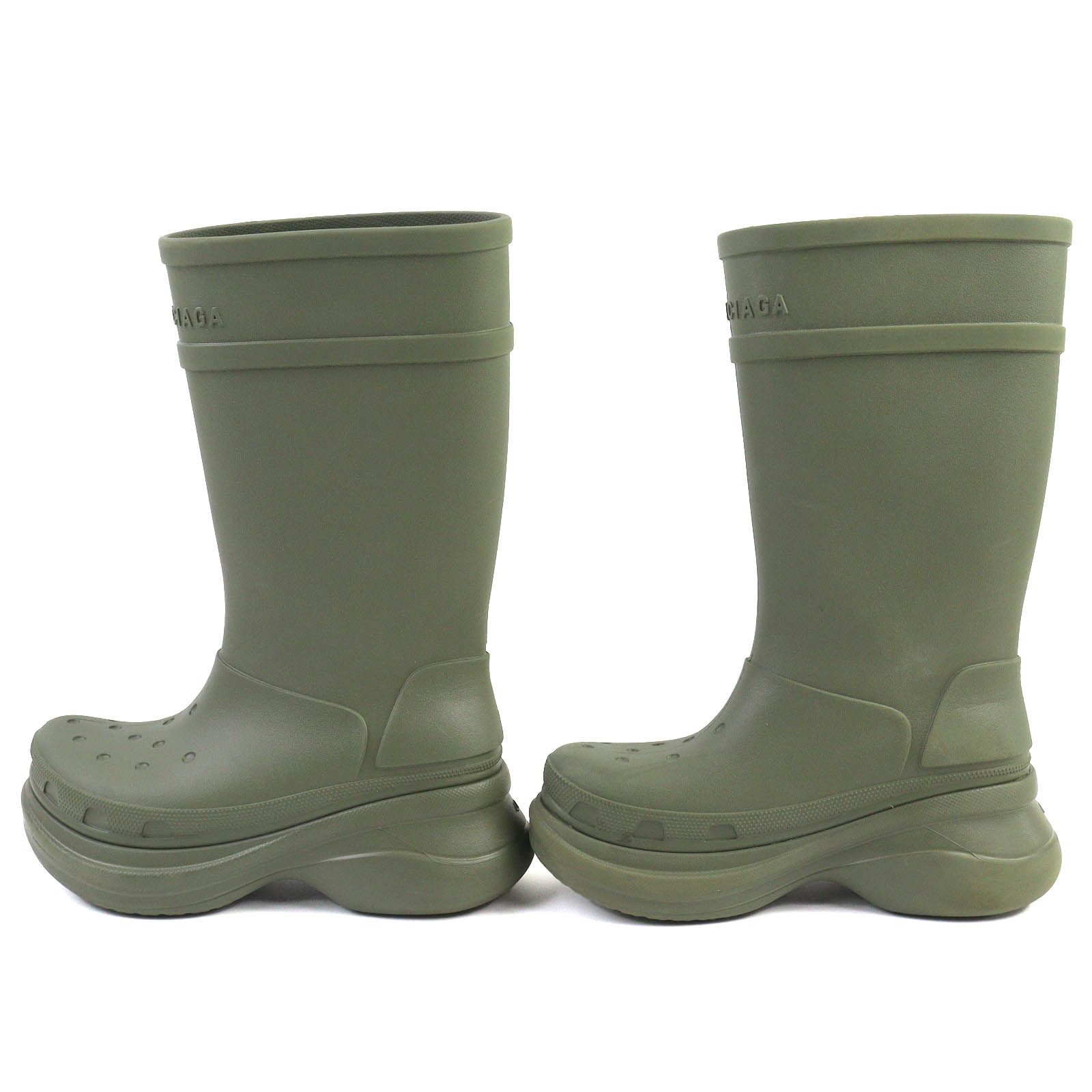 ドンドン見直し BALENCIAGA バレンシアガ CROCS クロックス 677388 RUBBER CROCS BOOTS ラバー 厚底 ロングブーツ カーキ 40 レディース