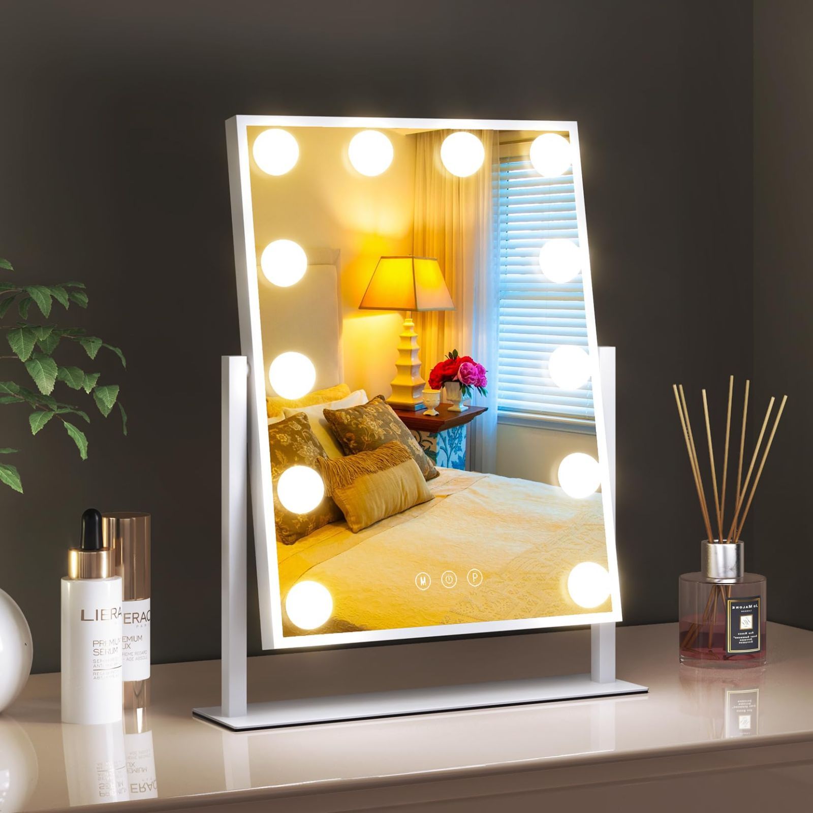 Color ホワイト-12個電球 YOLEO 化粧鏡 女優ミラー LED ハリウッドミラー 12個LED電球 高輝度 角度調整 3モード調色 明るさ調節 360度回転 コンパクト 化粧鏡 led 鏡 卓上 LED スタンドミラー 10倍拡大鏡付き メイクミラー