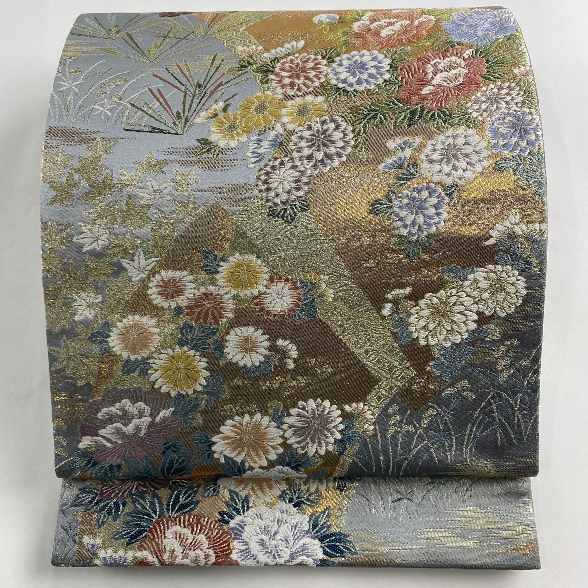 辻が花 やまと誂製 唐織り 金糸 袋帯 アイボリー 紫 428