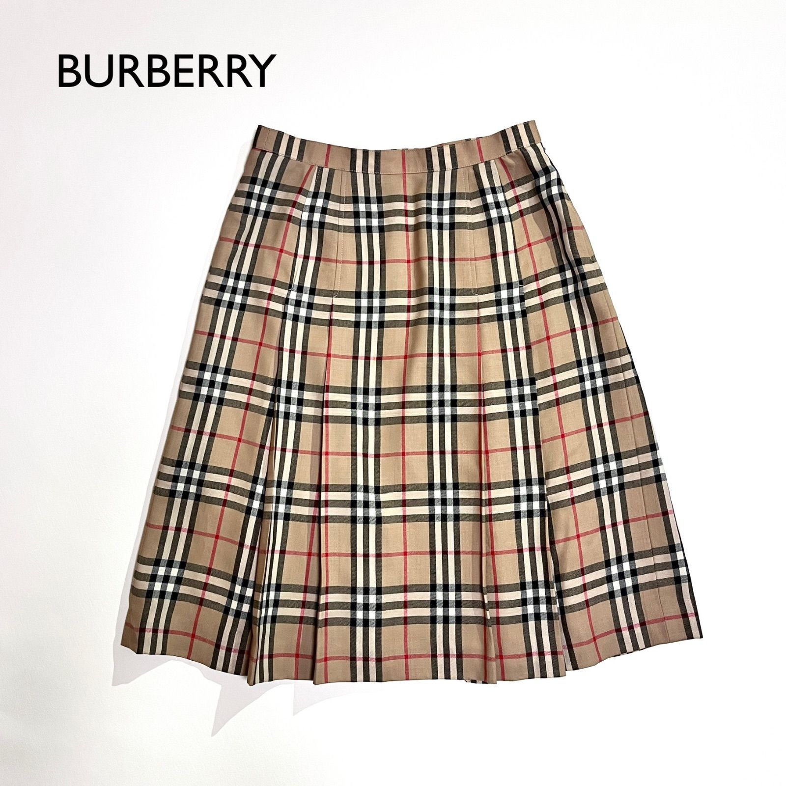 ci110 BURBERRYS 総柄 ノバチェック ウール スカート プリーツスカート タックスカート 膝丈 チェック柄 毛 ベージュ バーバリー