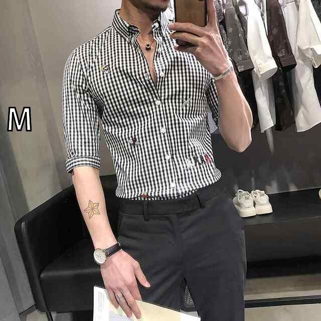 M 春 コーデ メンズ 服 シンプル ファッション オシャレ 大人 かっこいい 大きいサイズ ストリート 紳士服 ストライプ シャツ 半袖 スリムフィット 七分袖 シャツ ハイエンド チェック柄