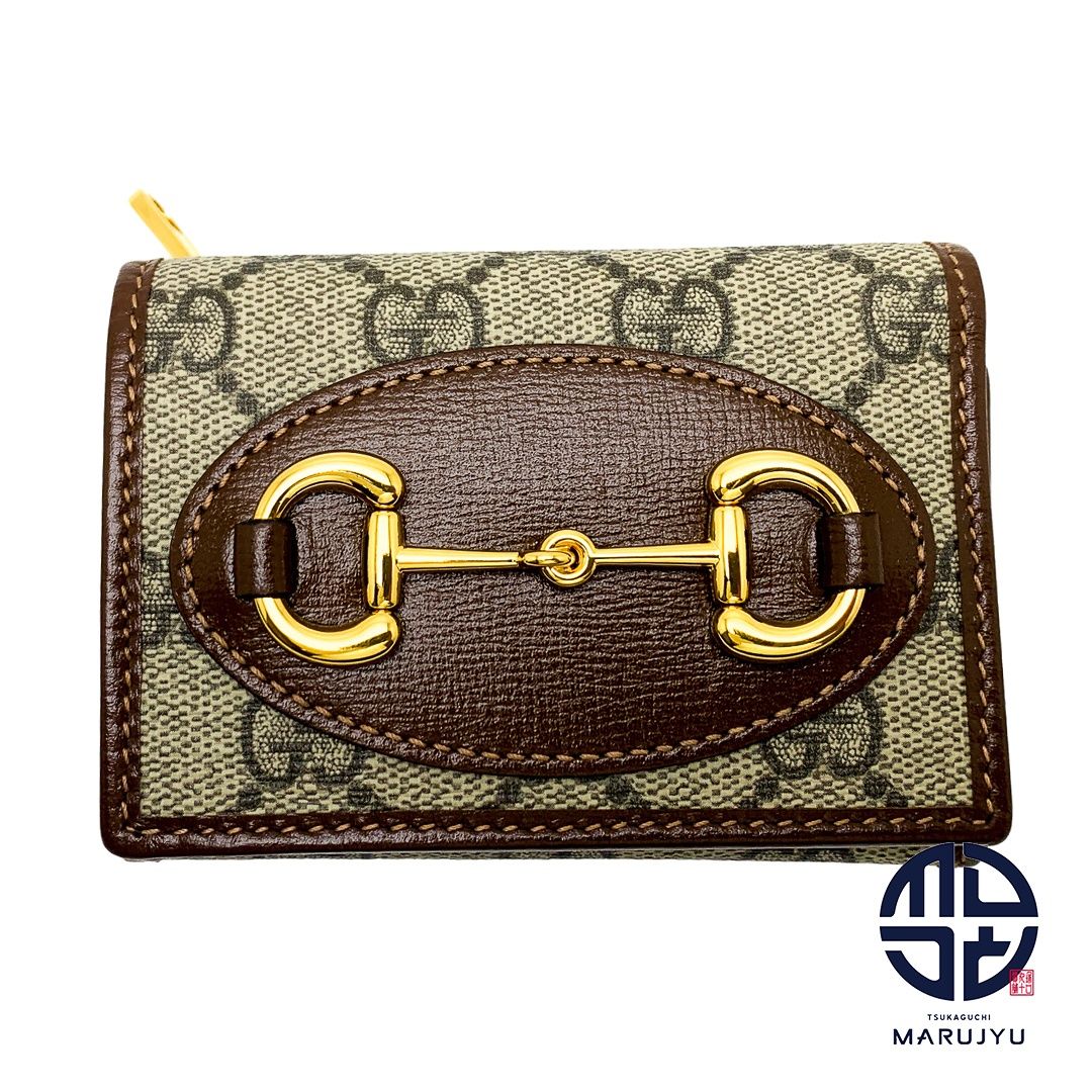 GUCCI グッチ ゴールド金具 ダークブラウン系 茶 GGスプリーム ホースビット 三つ折りウォレット 644462 コンパクトウォレット ミニサイフ 財布 ブランド