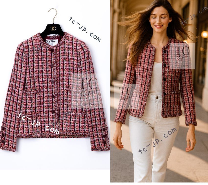 シャネル ジャケット CHANEL レッド ミックス トリム ノーカラー