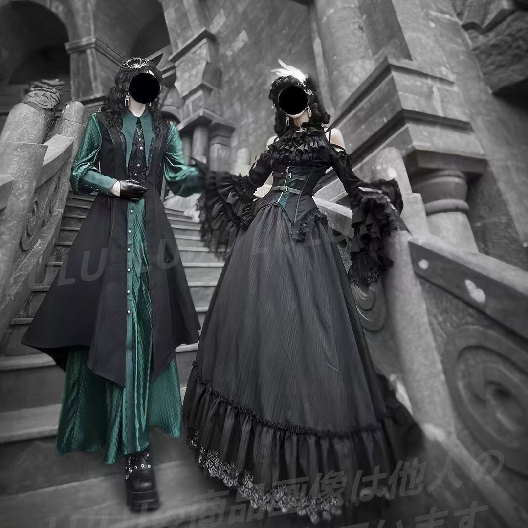 ロリータ 王子スタイル ゴシックロングワンピース 暗黒系 ゴシック調 エレガントハロウィンコーデ おしゃれ 貴族風 コスプレ 長袖 ドレス co109