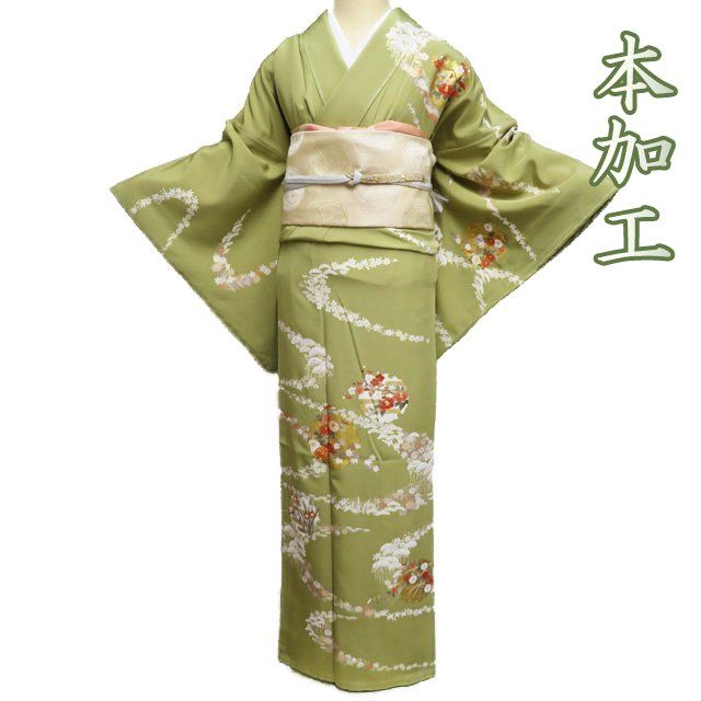 訪問着　フルセット　雪輪　茶屋辻　金彩加工　金駒刺繍　着物　正絹　L2 未使用 京友禅 金駒刺繍 雪輪 花柄 金彩 訪問着 正絹 ピンク