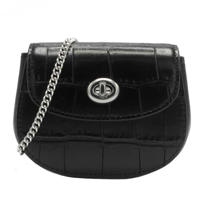 コーチ COACH クロコ調 ターンロック カードケース 小物入れ チェーンストラップ付 斜め掛け CZ475 SV|BK アウトレット レディース
