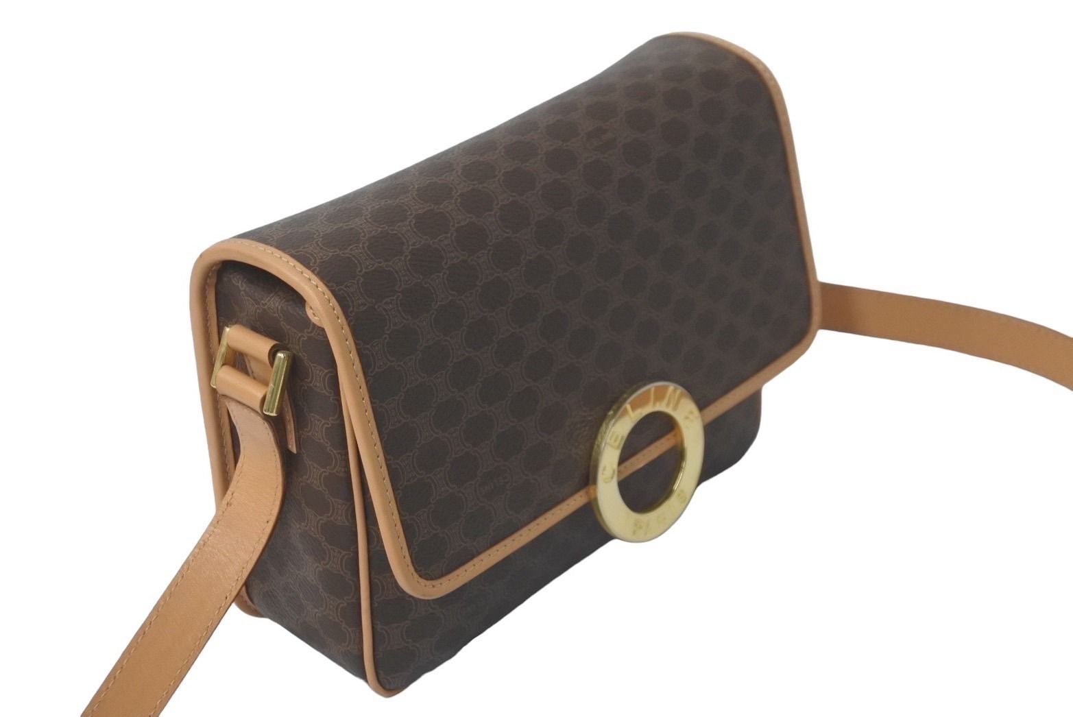 CELINE セリーヌ マカダム柄 サークルロゴ ショルダーバッグ ブラウン