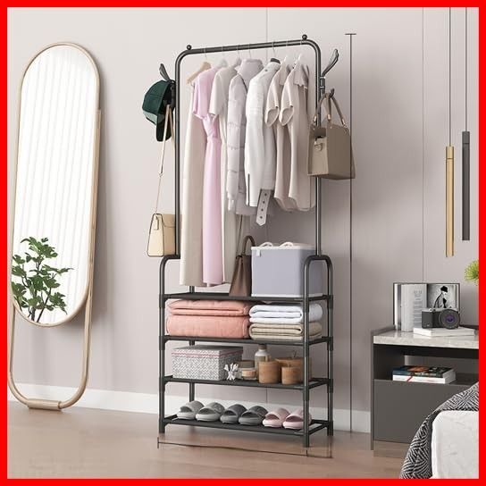キャスター付きコートハンガー おしゃれ 省スペース シューズラック 全体耐荷重41KG 4/5段 頑丈 移動式 スリム 棚 軽量 スリム 鞄置き 帽子掛け コートラック パイプハンガー 衣類収納 ハンガーラック 高さ160×幅60×奥行26cm 人暮らし ハン