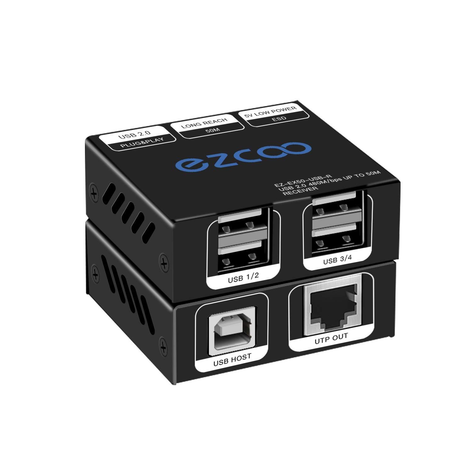 EZCOO USB 2.0 エクステンダ 165ft | 50m USB ハブ 経由 イーサネット Cat5e | Cat6 サポート Windows MacOS Android Linux 4 USB 2.0 ポート 2 ウェブカメラ 一緒 に