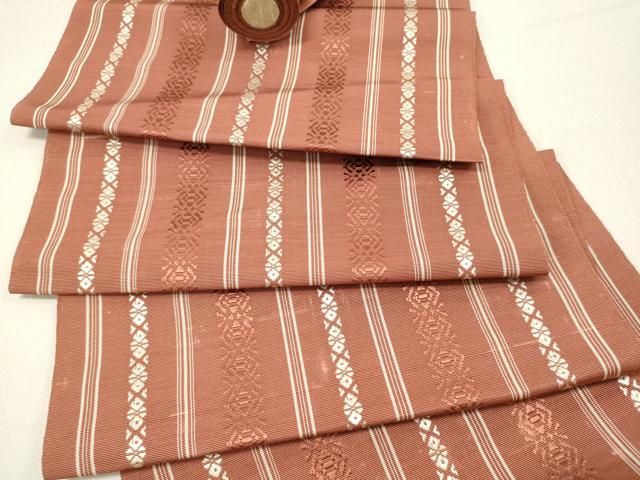 平和屋着物○男性 本場筑前博多織 角帯 格子柄 肌色 正絹 逸品 未使用