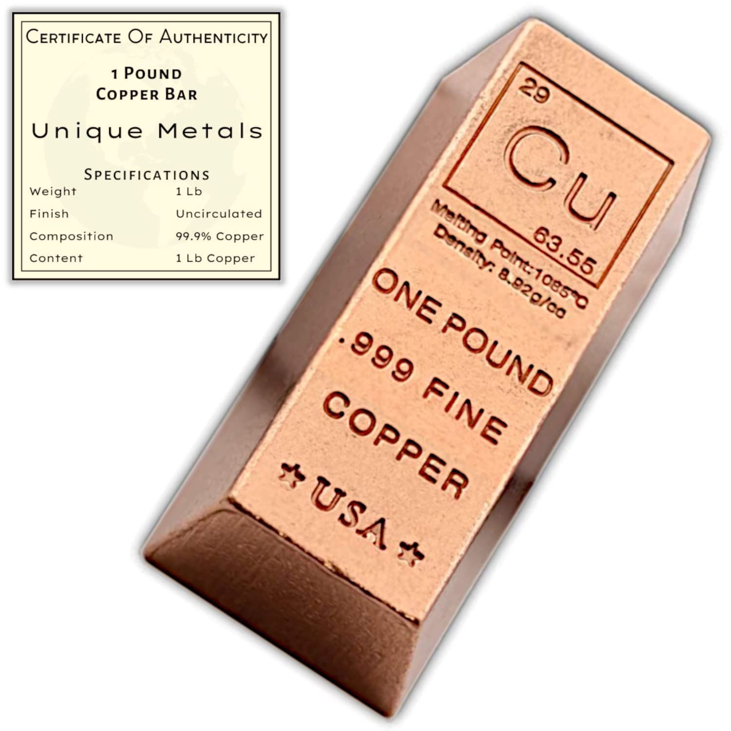 NumberOfItems 1 銅の延べ棒 1ポンド インゴット ペーパーウェイト 純度999 化学元素デザイン Unique Metalsの真贋鑑定書付き