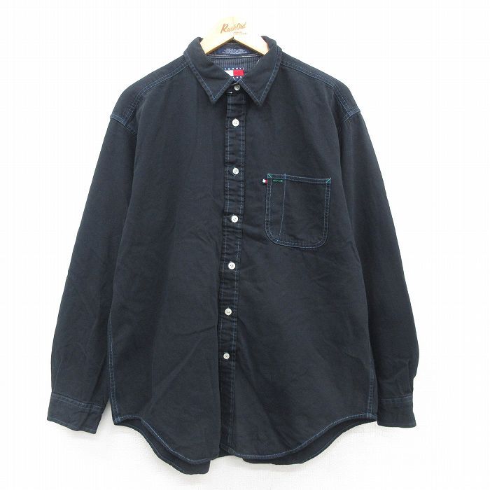 XL/古着 トミーヒルフィガー 長袖 ブランド シャツ メンズ 90s ワンポイントロゴ コットン 黒 ブラック 24sep28 中古 トップス