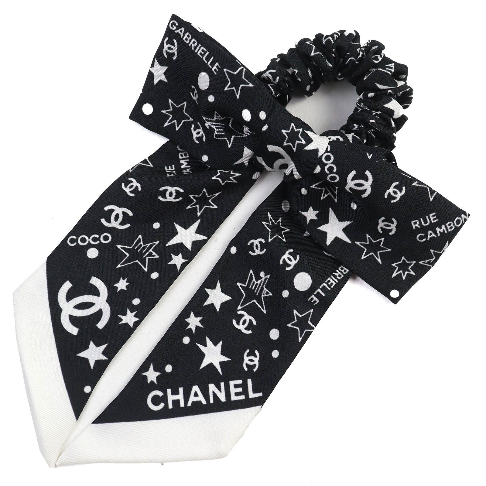 △CHANEL シャネル AAA890 シルク100％ ココマーク スター リボン シュシュ ヘアゴム 髪留め ヘア ブラック ホワイト イタリア製 き レディース