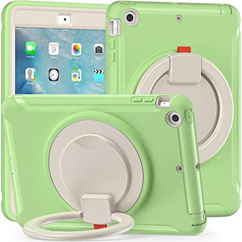 iPad Mini1/Mini2/Mini3_抹茶 iPad Mini3 ケース Mini2 ケース Mini1 ケース リング付き 衝撃吸収 軽い 頑丈 360回転スタンド 多方向 ハンドル付 ミニ3 ミニ2 カバー 落下防止 キズ防止 キッズ iPad